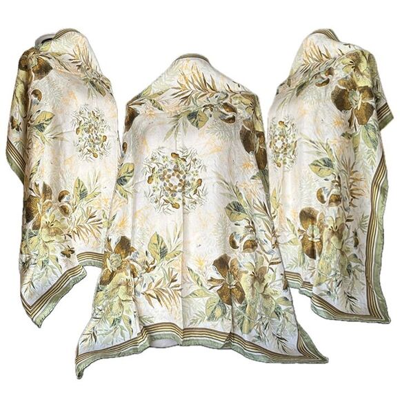 VTG 50s 60s Large 100% Silk Retro Muted Toned Floral Scarf Cream Sage Green 33” - Picture 4 of 11